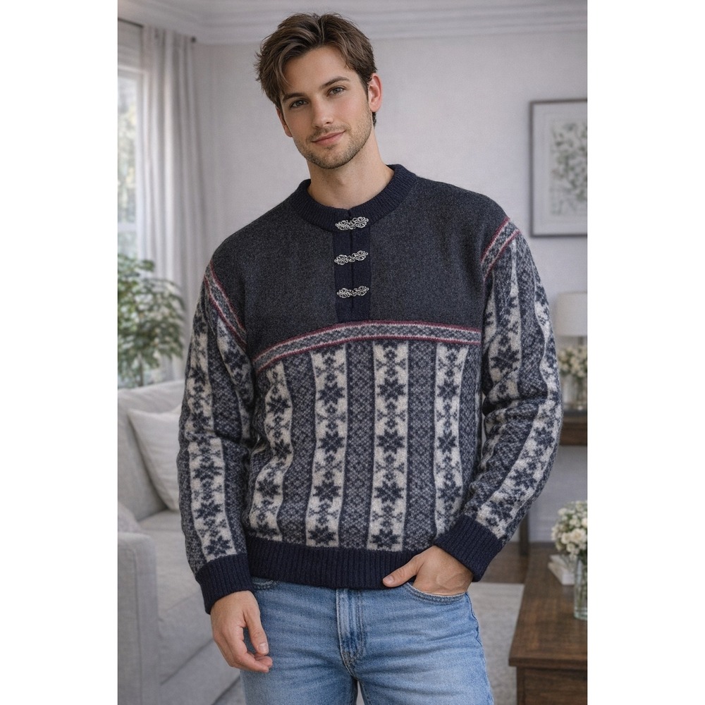 Bouviac Mens Nordic Fair Isle Wool Blend Sweater XL Pewter Clasp Snowflake Gray